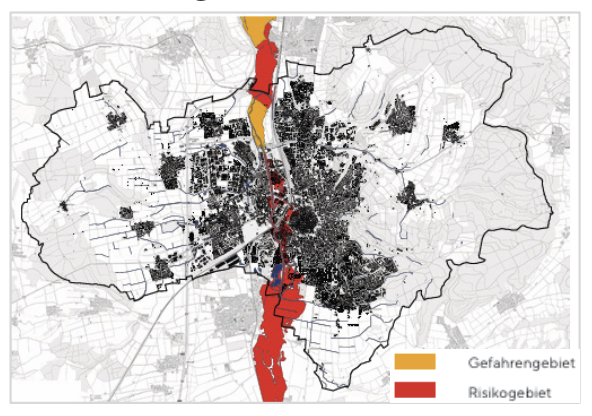 Stadtkarte mit rot-orangem Gefahren- und Risikokorridor entlang eines Flusses